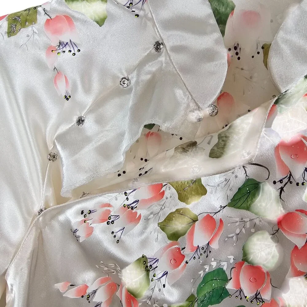 VTG Robe + Pant Sleepwear Set White Satin Floral Soft Loungewear Retro MCM OS